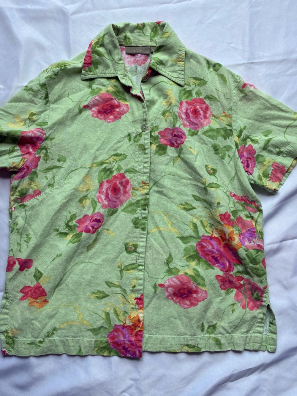 I.V.Y. Floral Linen Button-Front Shirt Size Small Green Pink Rose Print